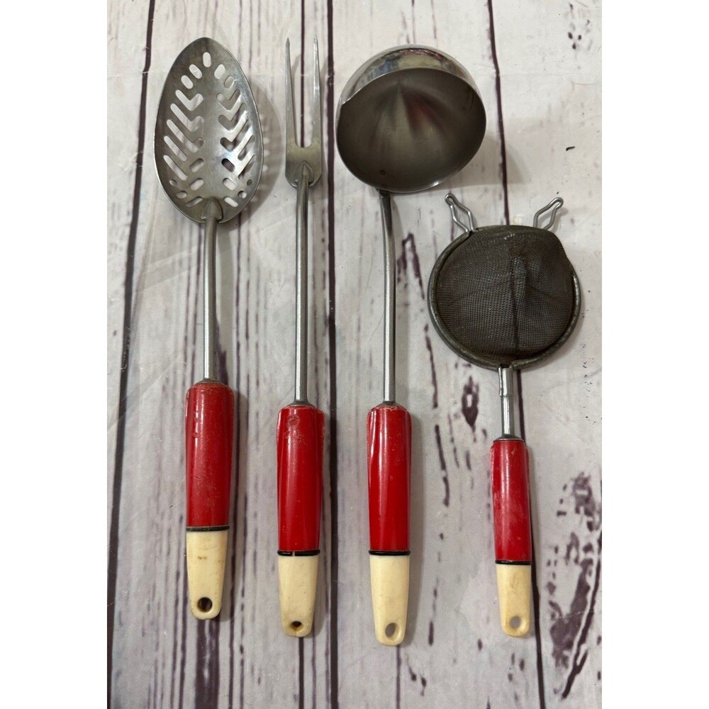 Vintage lot of 4 Kitchen Utensil Red Handle Strainer Ladle Spoon Meat Fork
